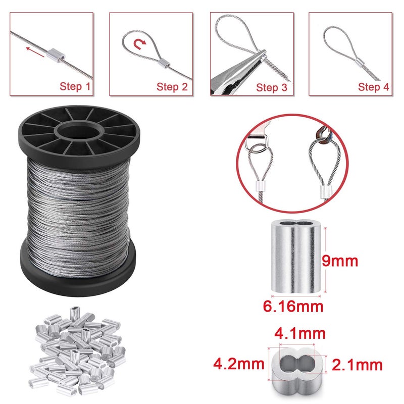 Cerpourt Picture Hanging Wire 1.5mm Up to 150lbs,100Feet(30.5M) Stainless Steel Wire Spool with 40Pcs Aluminum Crimping Loop Sleeve,Heavy Hanging Kit for Photo Frame Picture,Artwork,Mirror,String Light Hanging - Image 4